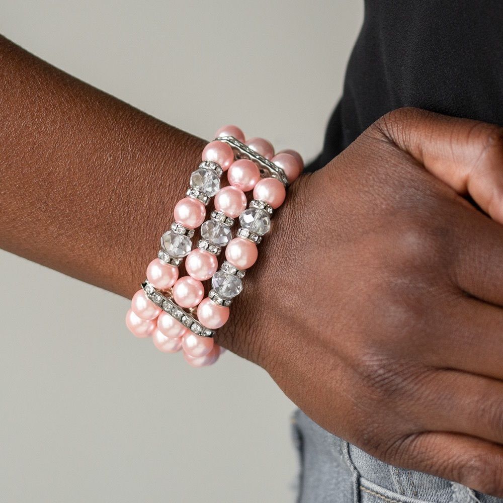 Pink pearls with rhinestone and clear bead accent 3 strands